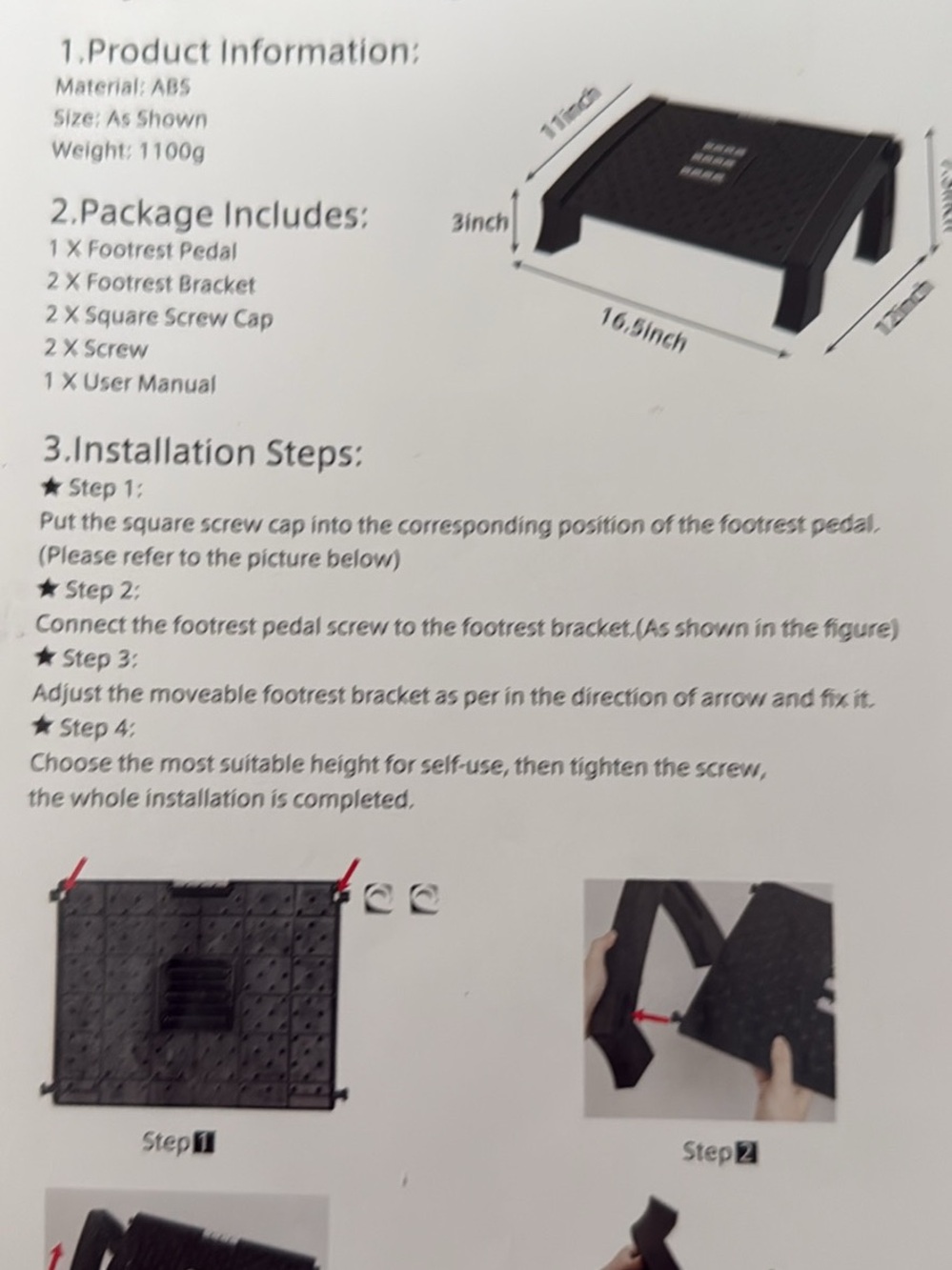 Adjustable Black Footrest Pedal for Office Comfort